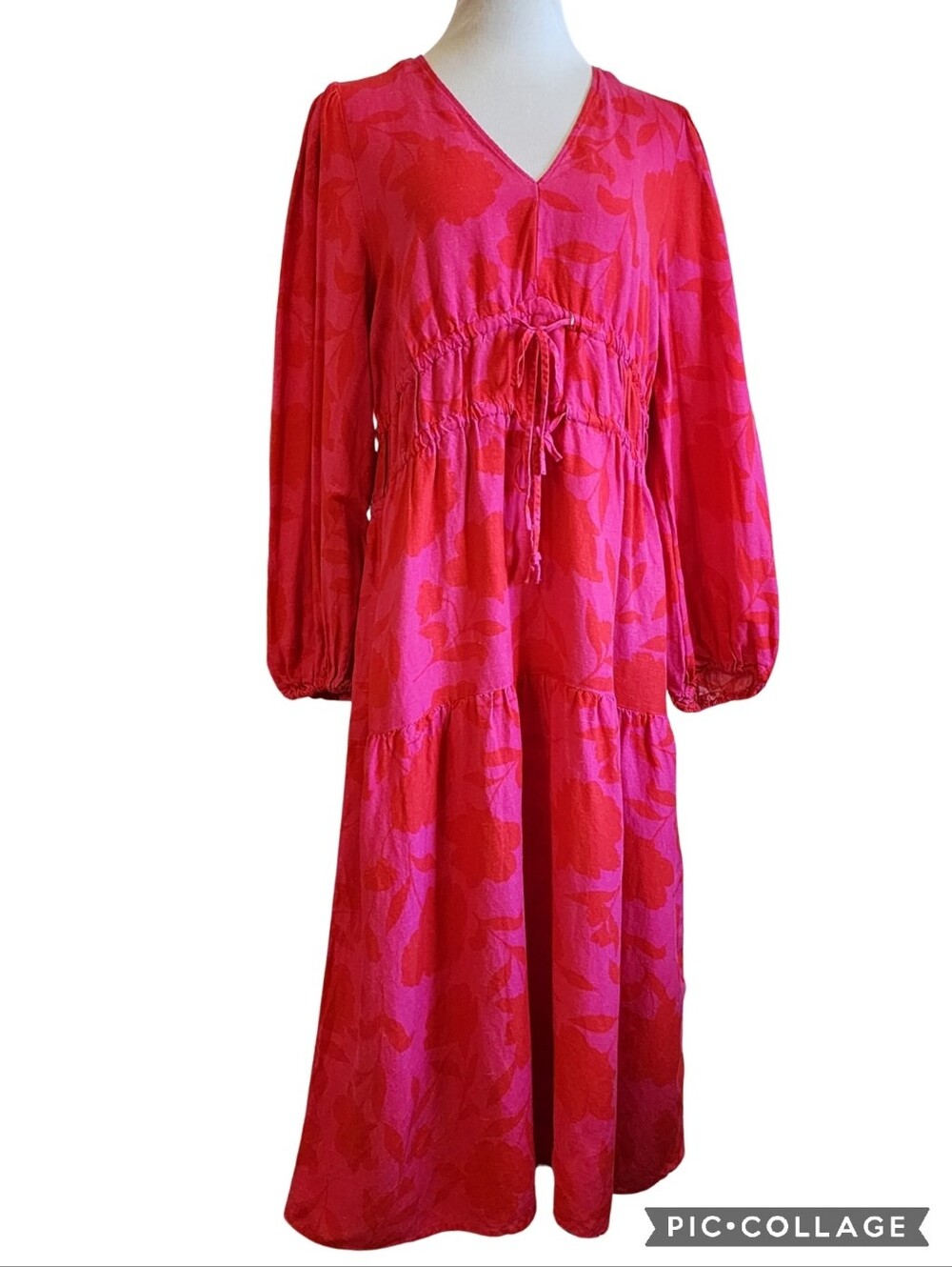 Kate Spade Pink/Red Floral Linen Gathered Dress, Front Ties, Pockets, 3/4 Sleeve - Picture 2 of 14
